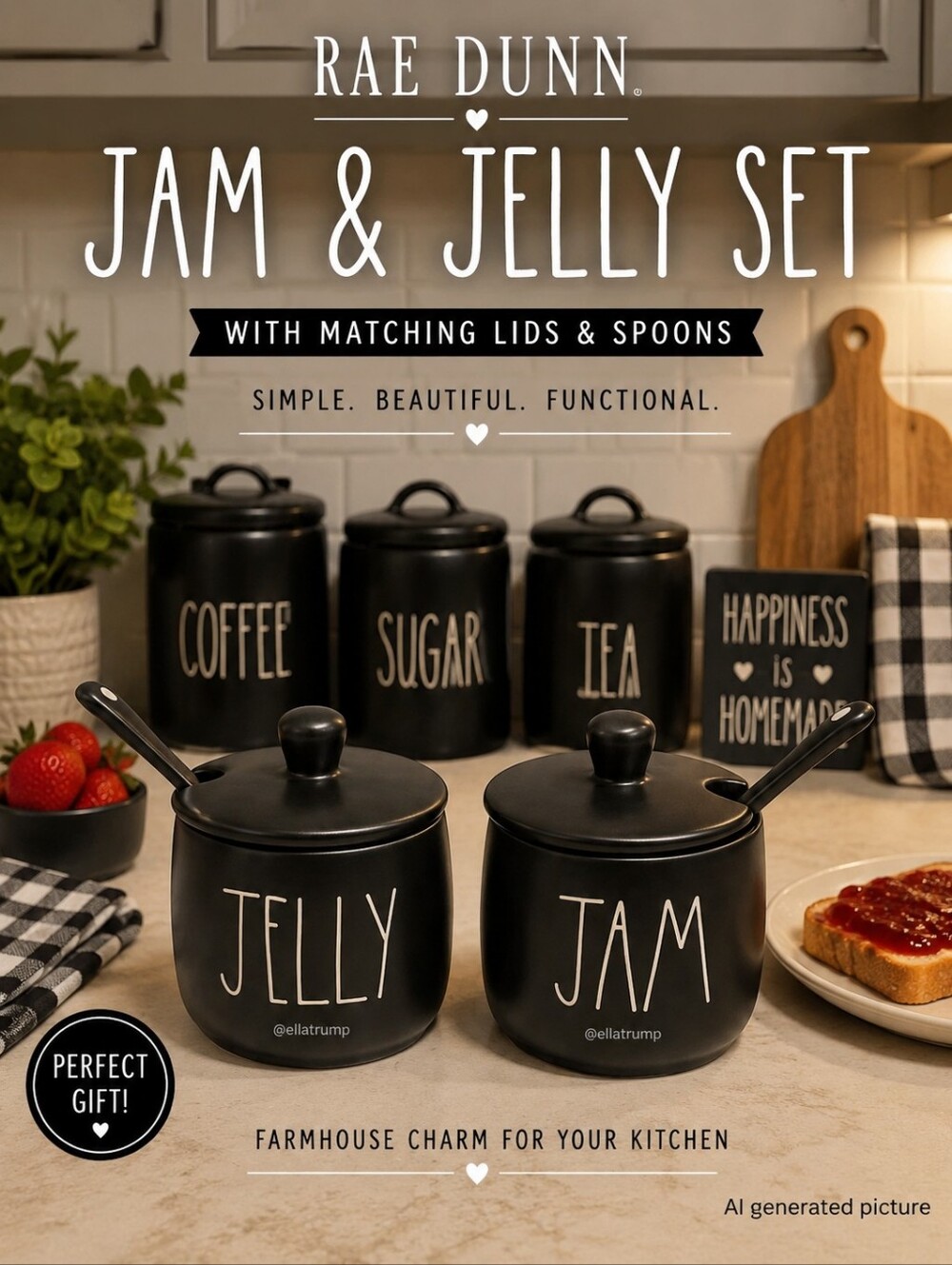 Rae Dunn Jam & Jelly Jars Set w Lids & Spoons like new